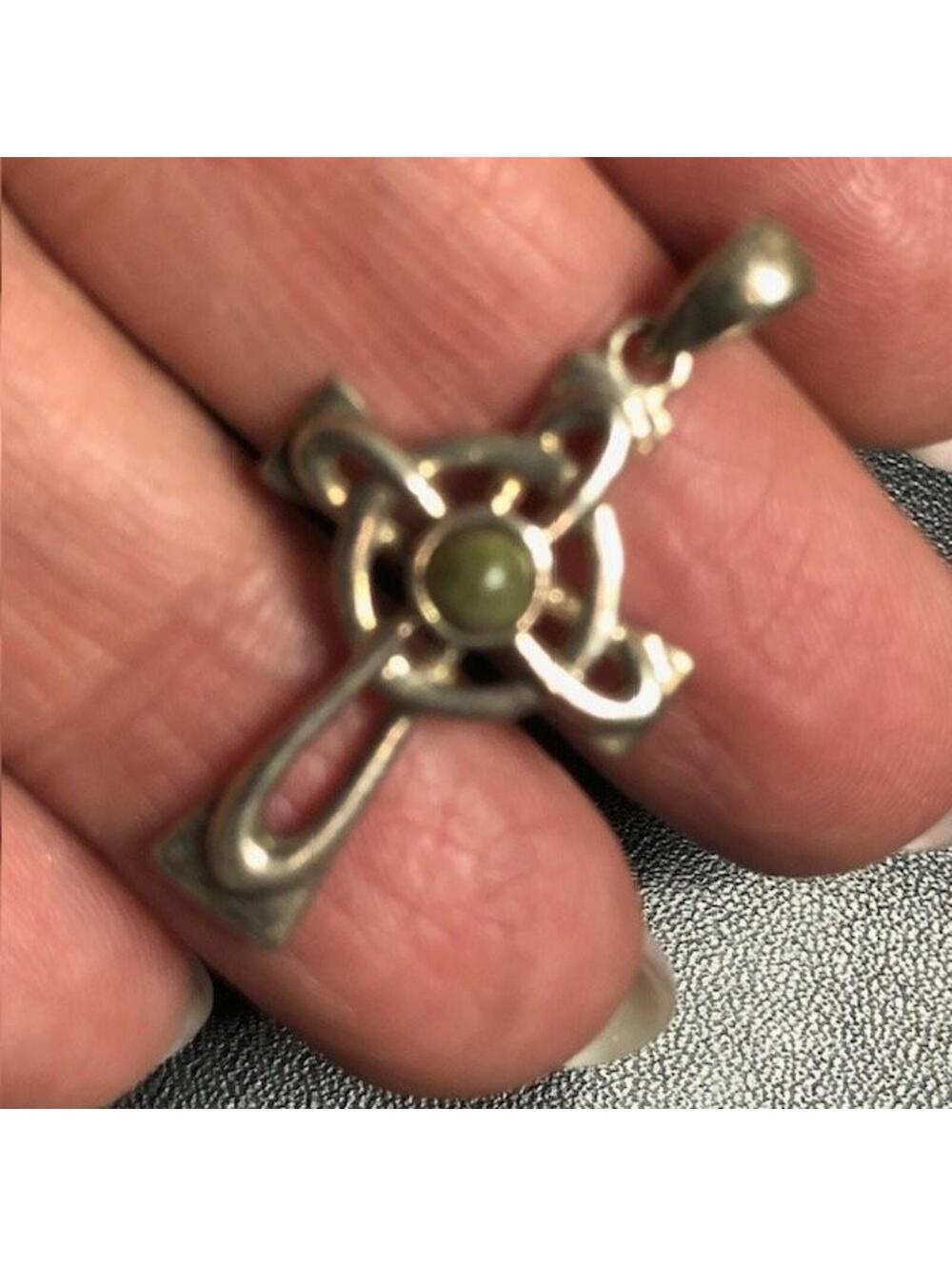 B0943 Solvar Sterling Silver Celtic Cross Pendant Conamara Marble 1.5"